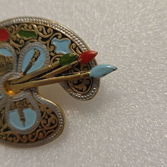Damascene Pin Brooch Artist Palette Paint Brushes Vintage Enamel Spain - Picture 3 of 11